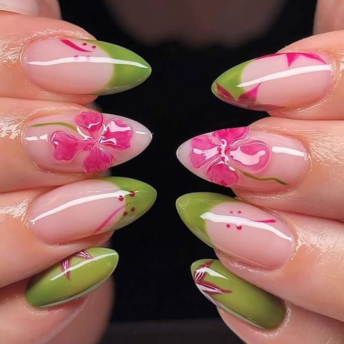 24Pcs Flower Press on Nails Short Almond Fake Nails Spring Summer Floral Designs Stick on Nail Green French Tip False Nails Cute Glue on Nails Glossy Full Cover Artificial Acrylic Nail for Women
