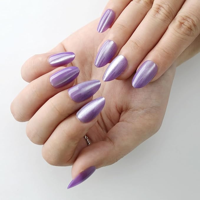 Short Press On Nails Almond Cat Eye Press on Nails with Glue for Women Ashionable Gel False Nails Reusable Acrylic False Nails Women's Glitter Nails Glue On Nails Kit, Lavender
