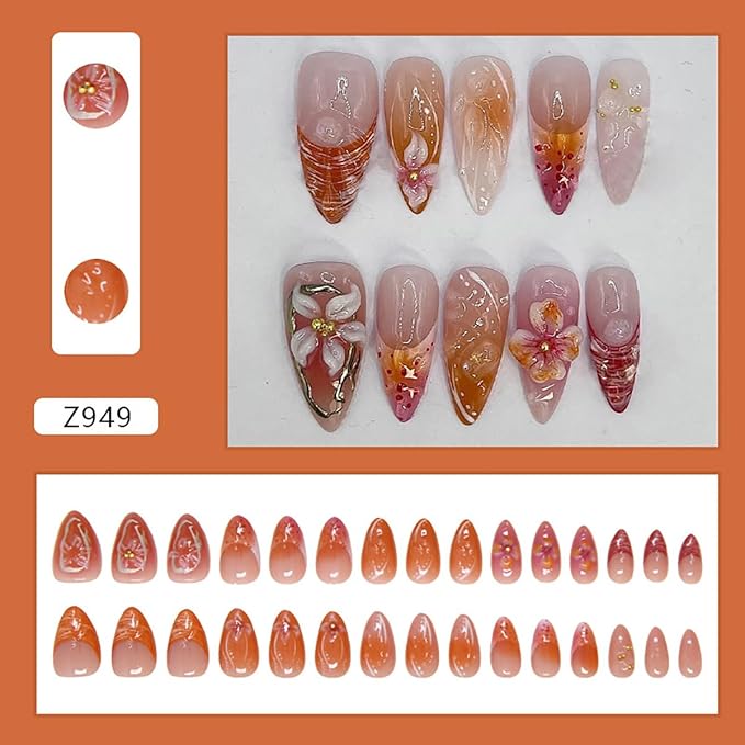 24Pcs Handmade Press on Nails Medium Almond Fake Nails Flower with Gold Rhinestones Design Glossy Full Cover Chrome Glue on Nails Spring Summer Nails French Tip False Nails for Women Acrylic Nails
