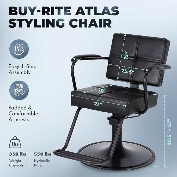 Buy-Rite Atlas Professional Salon Styling Chair - Extra-Wide Seat, Black Metal Frame, Premium Black Vinyl with Detailed Stitching, Open Back Design, Hydraulic Base, NIN-5516