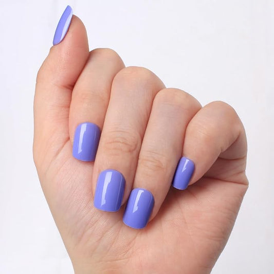 Lavender Blue Press On Nails Short, Glossy Soft Gel Press On Nails Square with Nail Glue, 15 Sizes - 30 Fake Nails Kit, Thick Natural Reusable Glue On Nails for Women, Evening Wisteria