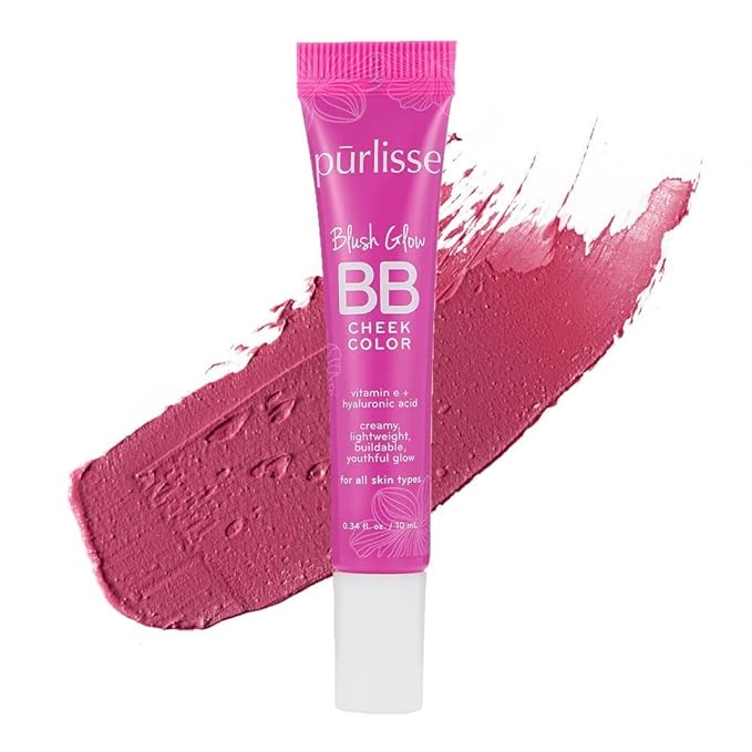 pürlisse Blush Glow BB Cheek Color - Dewy Liquid Blush for Cheeks - Enriched with Vitamin E & Hyaluronic Acid - Creamy, Lightweight & Buildable - Hydrating & Nourishing - Pretty Plum (0.34 Fl oz)