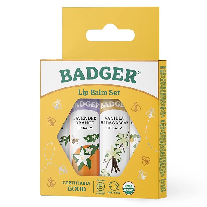 Badger - Classic Lip Balm Gold Box with Aloe, Extra Virgin Olive Oil, Beeswax & Essential Oils, Lip Balm Variety Pack, Certified Organic, 0.15 oz (4 Pack)