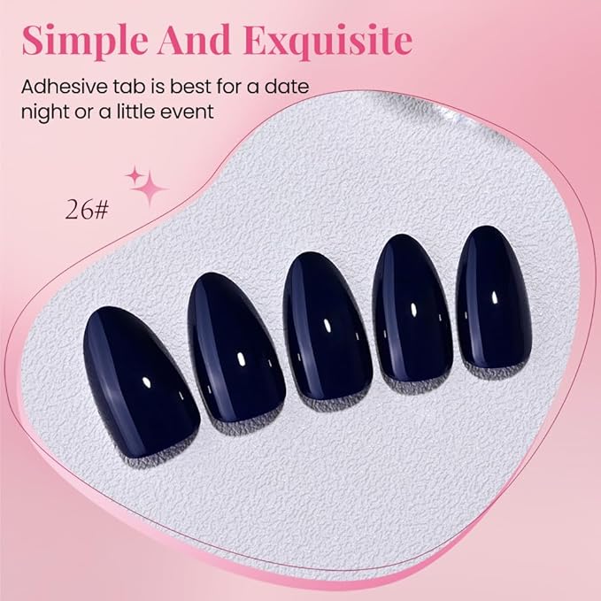evpct Glossy Press on Nails Short Almond Short for Women, Dark Blue Fake Nail with Glue Salon Quality Reusable Stick on Nails In 15 Sizes 30Pcs Full Cover False Nail Soft Gel Set Kit for Gift, 26