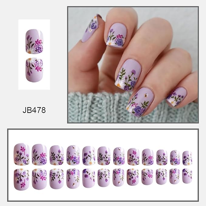 24Pcs Purple Flower Press on Nails Short Square Fake Nails with Spring Summer Floral Daisy Bee Design Full Cover Nail Tips Purple False Nails Artificial Glossy Acrylic Nails for Women Girls Manicure