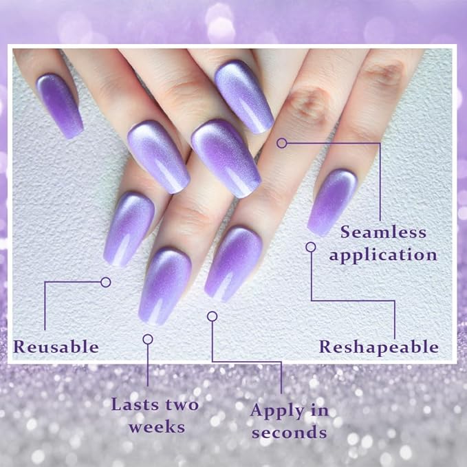 evpct Violet Purple Cat Eye Coffin Press on Nails Square Medium, Medium Square Glue on Nail for Women Gift, Purple Metallic Glitter Glossy Reusable Soft Gel Press on Acrylic Fake Nail with Designs