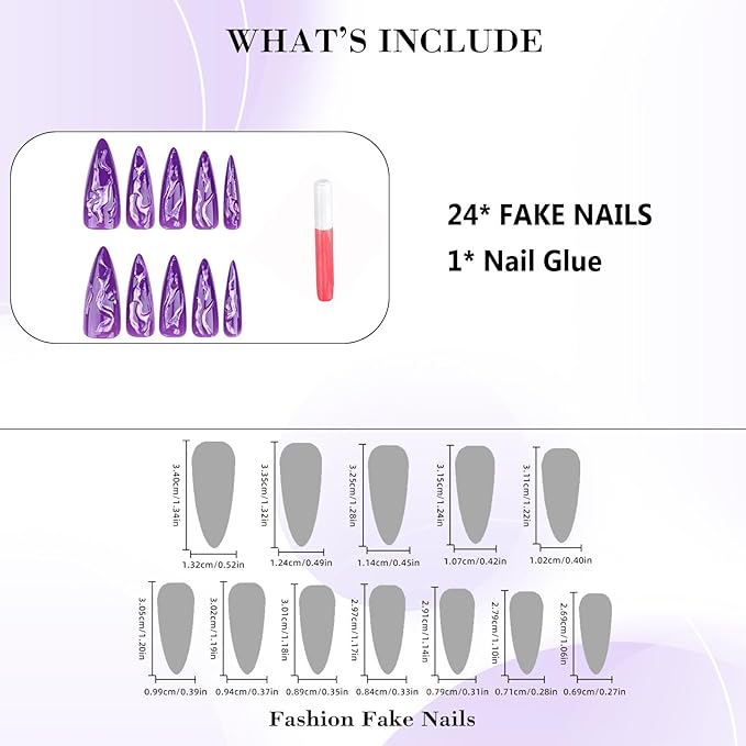 IMRAIN Press on Nails Long Stiletto Fake Nails Gel Glossy Full Cover Purple Aurora False Nails with 3D Line Designs Stick on Nails for Women Girls 24Pcs