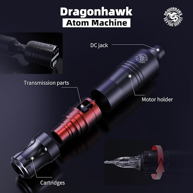 Dragonhawk Atom Wireless Tattoo Gun Pen Machine Kit - Complete Beginner Tattoo Kit with 20 Cartridge Needles, Battery Power Supply for Lining Shading
