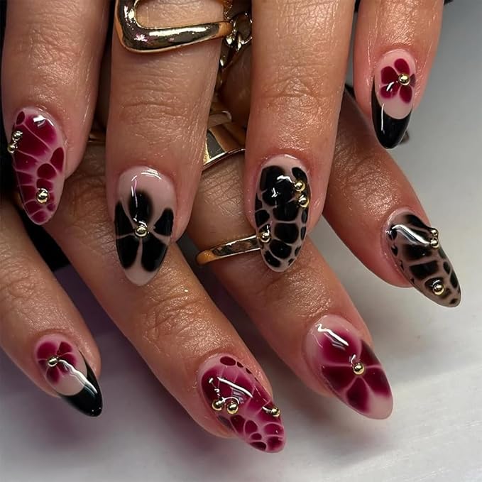 French Press On Nails Short Almond Shape, Fall Fake Nails Adorned with Black and Burgundy Petal Accents, 3D Design, Glossy Gel Finish Acrylic Nails, Natural Reusable Glue On Nails for Women