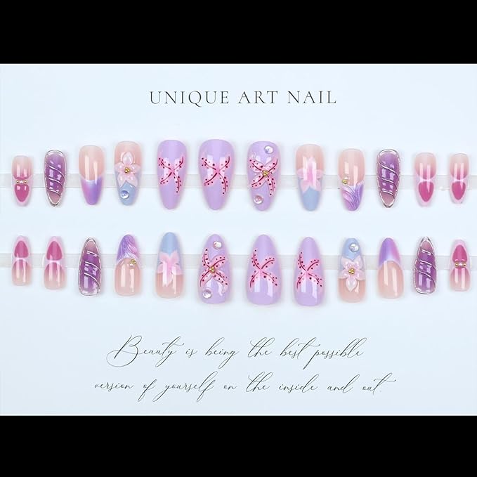 24Pcs Purple Flower Press on Nails Almond Fake Nails 3D Flowers False Nail with Pearl Water Droplet Designs Medium French Tips Glue on Nails Flower Purple Acrylic Nails for Women DIY Manicure