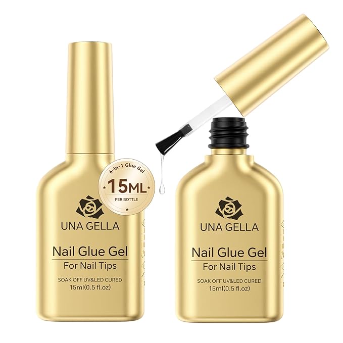 UNA GELLA 6 in 1 Gel Nail Glue for Clear Acrylic Nails Tips, 2Pcs 15ml Super Strong Brush UV Nail Glue Long Lasting Lamp Curing Required for Fake Nails Tips, Christmas Nail Art