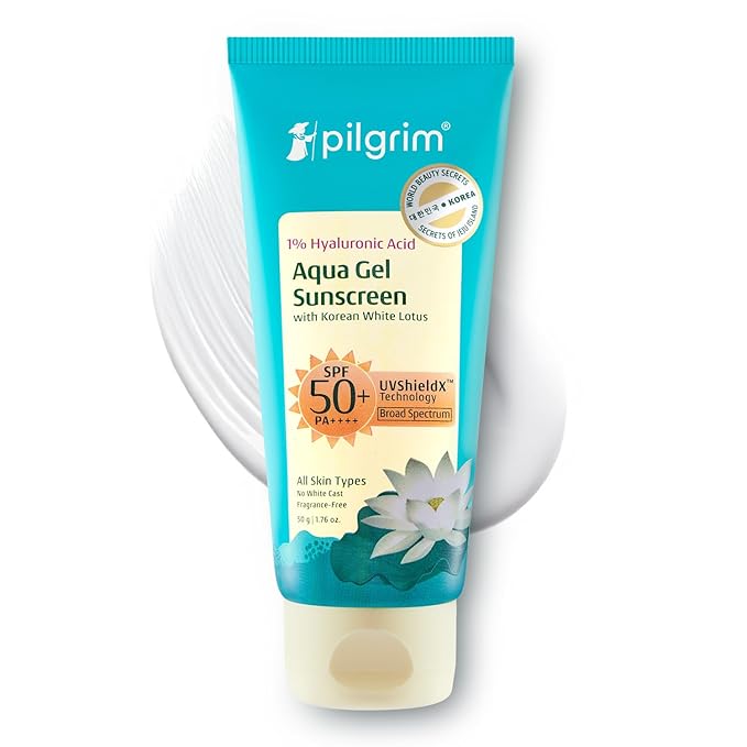 Pilgrim 1% Hyaluronic Acid Sunscreen Gel SPF 50 PA+++ | Broad Spectrum UVA/UVB & Blue Light Protection | Lightweight, Non-Greasy, Fast-Absorbing, Hydrating Aqua Gel | Face & Body | 1.76 Oz (50gm)