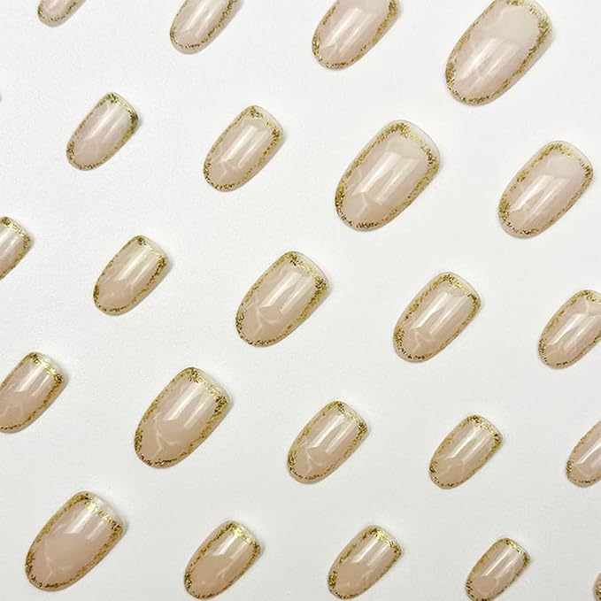 Medium Almond Press on Nails Nude Fake Nails with Gold Glitter Design Acrylic Nails Press ons Full Cover Marble Stripes Stick on Nails Reusable Glossy Glue on Nails for Women Girls Manicure 24Pcs