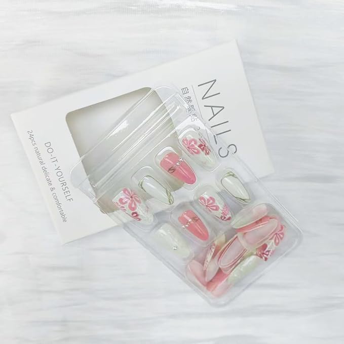 3D Flower Press on Nails Medium Almond Nails Tips Cute Floral Fake Nails with Designs Gold Line Glue on Nail Nude Pink Acrylic Nail Full Cover Pearl False Nails for Women Manicure Supplies 30Pcs