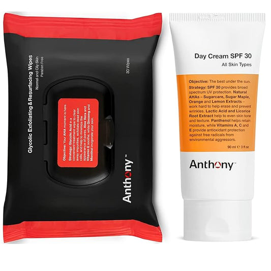 Anthony Day Cream SPF 30 Men’s Face Moisturizer with Sunscreen 3 Fl Oz Glycolic Exfoliating & Resurfacing Wipes 30 Sheets per Bag