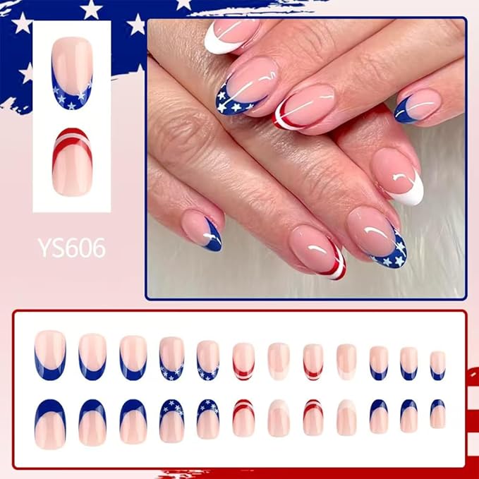 Independence Day Press on Nails French Tip Fake Nails Short Almond False Nails with Star Design Glossy Glue on Nails Artificial Acrylic Full Cover Nude Stick on Nails for Women Girls Manicure 24Pcs