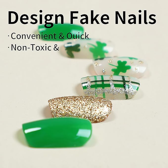 24Pcs St. Patrick's Day Press on Nails Short Square Fake Nails Green Shamrock Design Gold Glitter Artificial Nails Full Cover Glue on Nails Irish False Nails Stick on Nails for Women Acrylic Nails
