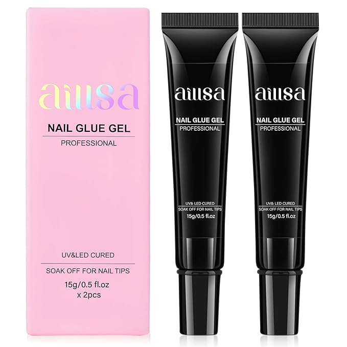 AILLSA Nail Gel Glue 2PCS Lamp Curing Needed Super Strong Nails Tip Glues Semi-Solid Professional False Gel Nail Glue for Acrylic Nail Tips Press on Nails