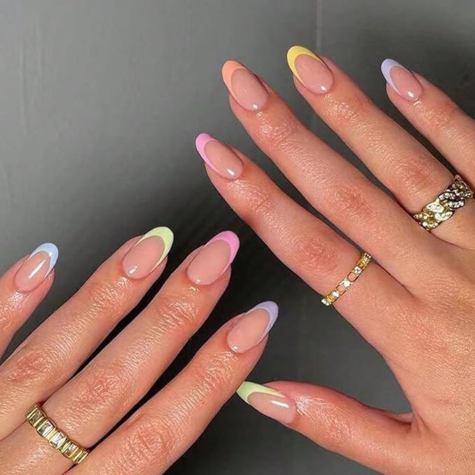 24 Pcs Colorful French Tip Press on Nails Short Oval, Acrylic Fake Nails Press ons with Glue, Short Almond Acrylic Natural Nude Glue on Nails for Women, 15 Sizes