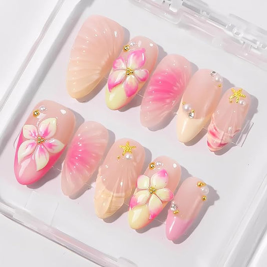 24Pcs Pink Flower Press on Nails Medium Almond French Tip Fake Nails 3D Hawaii Hibiscus Flower with Gold Shell Starfish Design Stick on Nails Summer Beach False Nails Glue on Nail for Women Acrylic