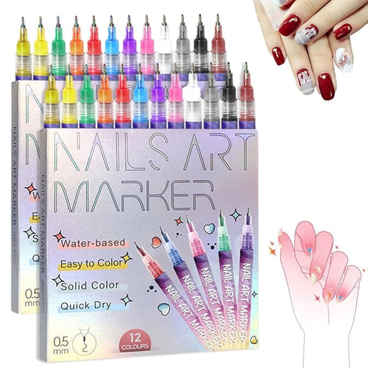 12 Color Nail Art Pens, 2026 New 0.5 MM Nail Polish Pens Set Drawing Painting Point Liner Acrylic Painted Pen Kit, Waterproof and Quick-drying Nail for DIY Nails Art Design ((2 set) 12 Color)