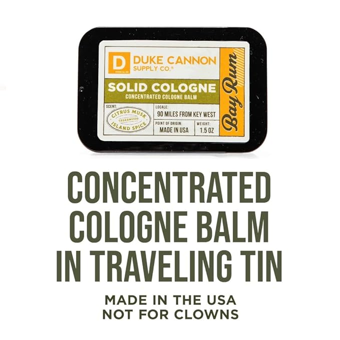 Duke Cannon Supply Co. Solid Cologne for Men Bay Rum (Citrus Musk, Cedarwood, Island Spice) - Concentrated Balm, Travel-Friendly Convenient Tin, 1.5 oz