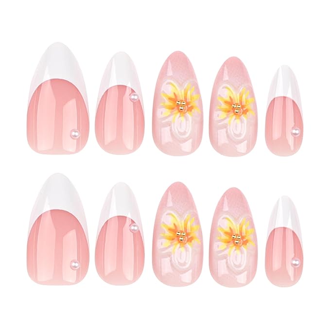 24Pcs Flower Press on Nails Medium Almond Fake Nails with 3D Ice Flower Pearl Design White French Tip False Nails Pink Nude Spring Floral Full Cover Stick on Nails for Women Summer Manicure