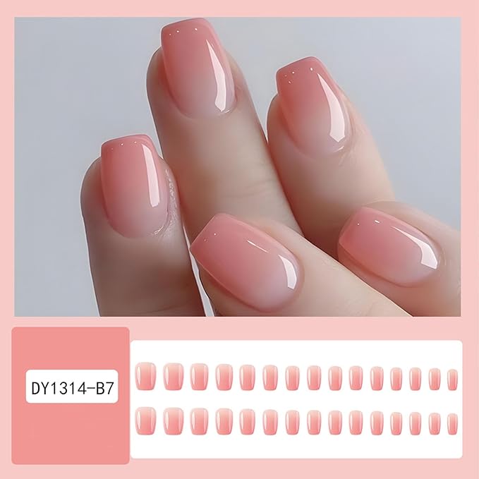 Cute Pink Ombre Press on Nails Short Coffin Fake Nails Smiple Gloosy Acrylic Nails Press ons Pink Gradient Glue Stick on Nails for Women Girls 30 Cps
