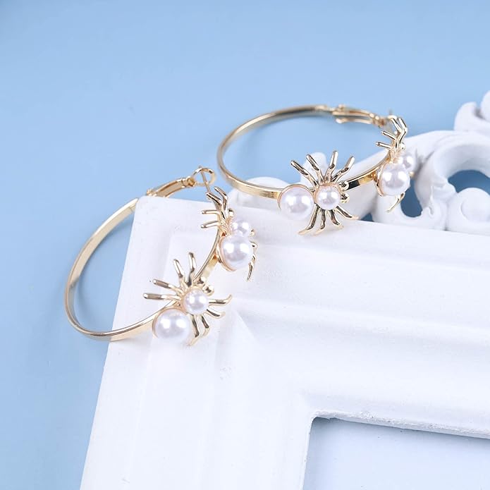 Vintage Hollow Circle Drop Earrings Pearl Spider Dangle Earrings Gold Spider Circle Earrings Exaggerated Circle Huggie Hoop Earrings Jewelry for Women