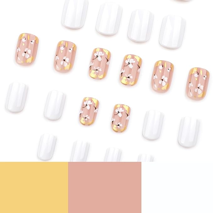 Summer Press on Nails Short Square, White Fake Nails with a Few Nude Nails Featuring Delicate Gold-Foil Flower Designs, Glossy Finish Acrylic Nails, Natural Reusable Glue on Nails Kit