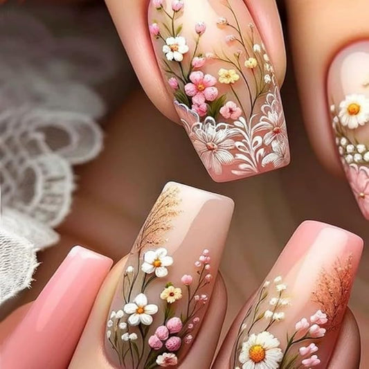 Flowers Press on Nails Medium Square Fake Nails Pink Floral False Nails Spring Acrylic Nails Press ons Glossy Flower Glue on Nails Full Cover Artificial Nails for Women Girls Manicure 24Pcs