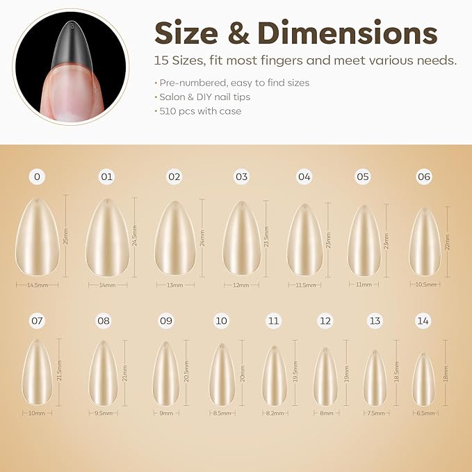 Modelones Medium Almond Nail Tips, 510Pcs Fake Nails Gel Tips Pre-shaped Full Matte Cover False Acrylic Extensions No Filed Stronger Press on Manicure 15 Sizes