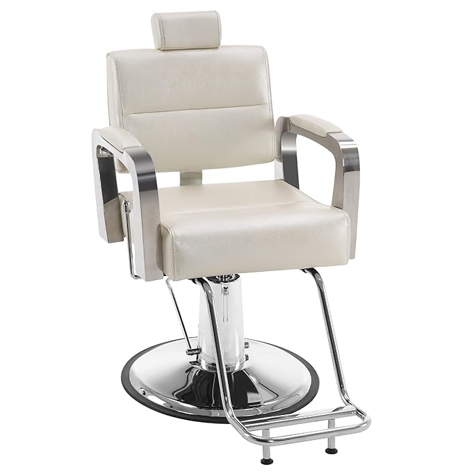 BarberPub Barber Chair Reclining Salon Chair for Hair Stylist, Antique Hair Spa Salon Styling Beauty Equipment 3127(White)