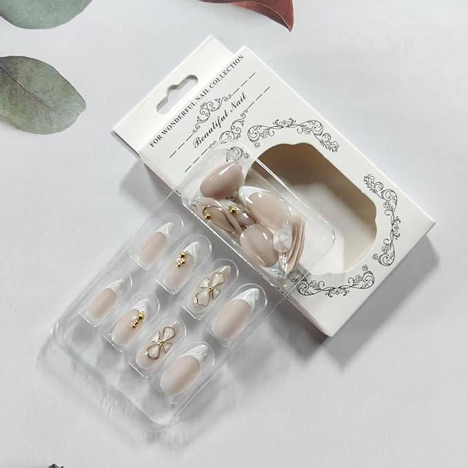 White French Tip Press on Nails Medium Almond Fake Nails with 3D Flower Designs Glossy Pink Acrylic False Nails Golden Bead Artificial Glue on Nail Cute Petals Stick on Nail for Women 24Pcs