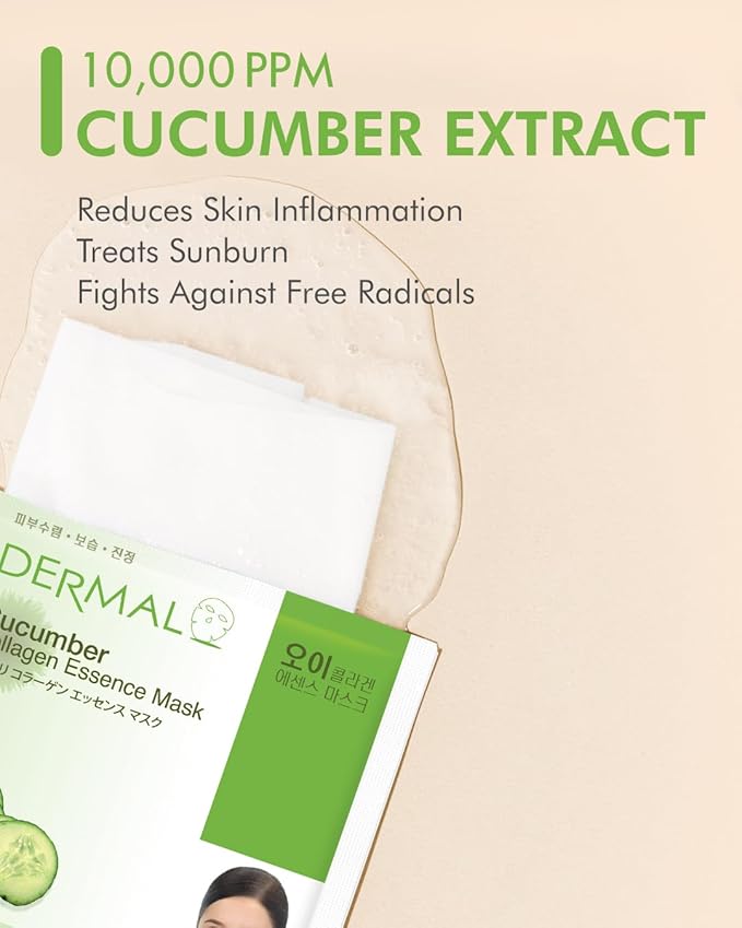 DERMAL Cucumber Collagen Essence Facial Mask Sheet 23g Pack of 100 - Soothing & Moisturizing, Redness & Sunburn Relief, Daily Skin Treatment Solution Sheet Mask