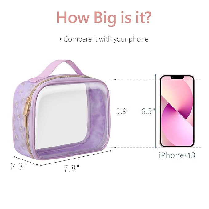 PACKISM Floral Texture TSA Approved Toiletry Bag - 180° Large Opening Clear Makeup Bags with Handle, Easily Access, Clear Travel Bags for Toiletries TSA Approved, Thick 0.5 mm, Purple