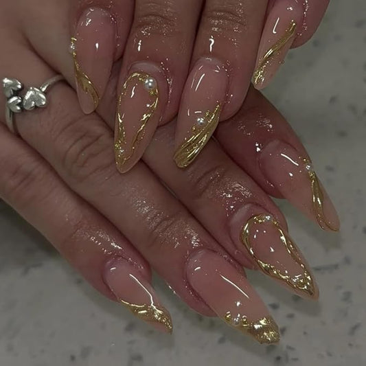 3D Gold Press on Nails Medium Almond Fake Nails Gold Line Pearl Design Stick on Nails French Tip False Nails Nude Glossy Handmade Acrylic Glue On Nail for Women Manicure 24Pcs