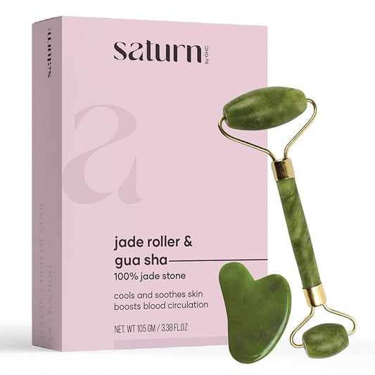 Saturn by GHC Authentic Rose Quartz Jade Roller & Gua Sha Set – Premium Facial Massage Tools for Skin Revitalization and Toning