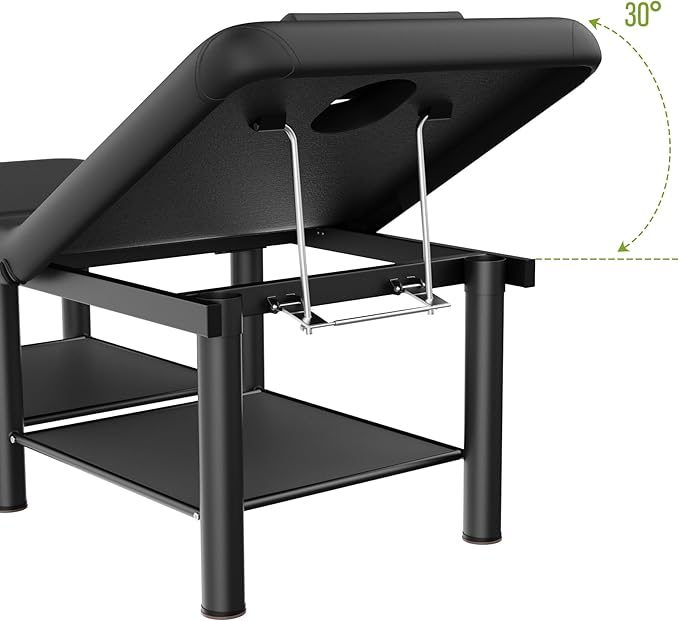 Folding Stationary Massage Table with Backrest and Storage Space, 6 Round Legs Metal Frame PU Leather, 30.5'' Wide × 75'' Long for Treatment Table Physical Therapy Table Spa Facial Bed, Black