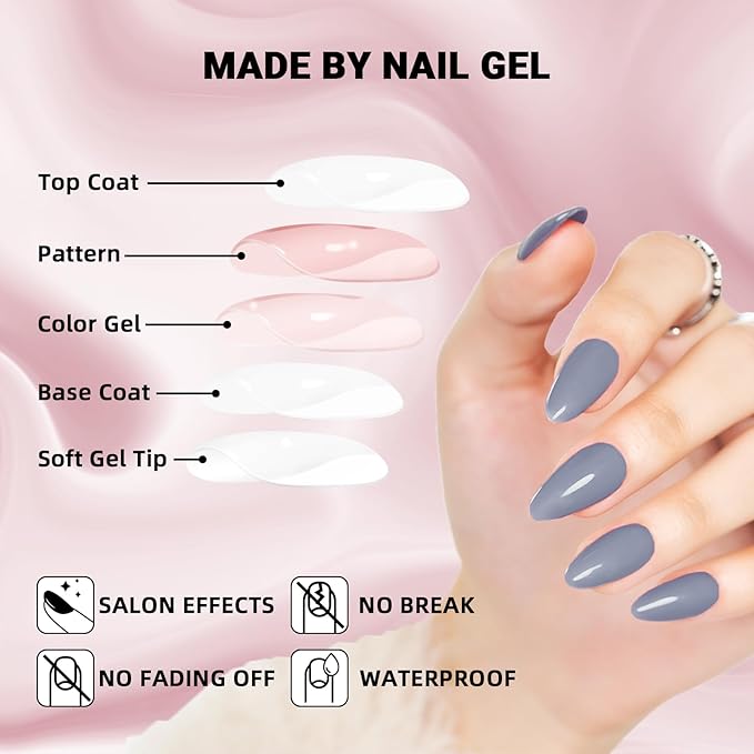 Grey Press On Nails Almond Shape, WOOYAS Glossy Fake Nails Press-ons Kit, Handmade Glue On Nails Medium Length Reusable Soft Gel False Nails Almond Stick On Nails for Women Girls, Dark Grey Blue