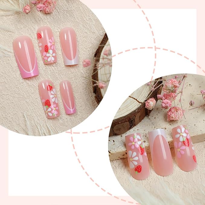 24Pcs Flower Press on Nails Medium Square French Tip Fake Nails with Colour 3D Flower Design Glossy Stick on Nails Full Cover Artificial Glue on Nails Spring Nail Supplies for Women Reusable Nails Kit