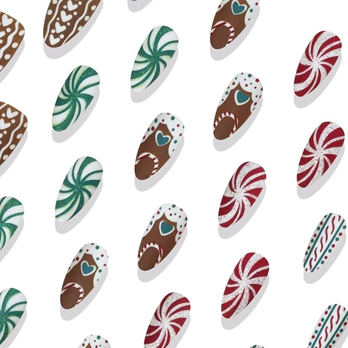 30Pcs Christmas Press on Nails Medium Almond Fake Nails Christmas Red and Green Xmas Candy False Nails with Glitter Heart Stripe Pattern Brown Artificial Nails Handmade Stick on Nail for Women DIY