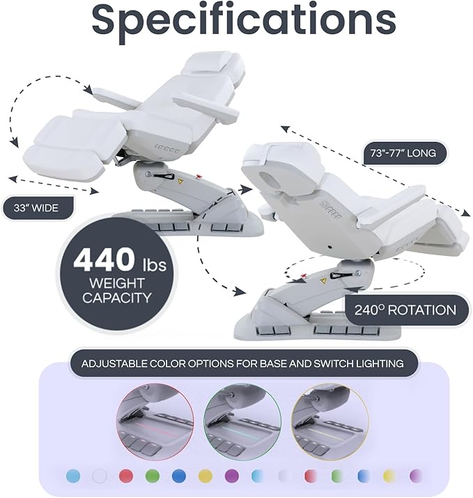 Massage Tools - Professional Spa and Facial Chair with 240° Rotation, LED Lighting, Memory Settings, and Adjustable Headrest - Premium Service Bed and Spa Chair for Salon and Facials - White