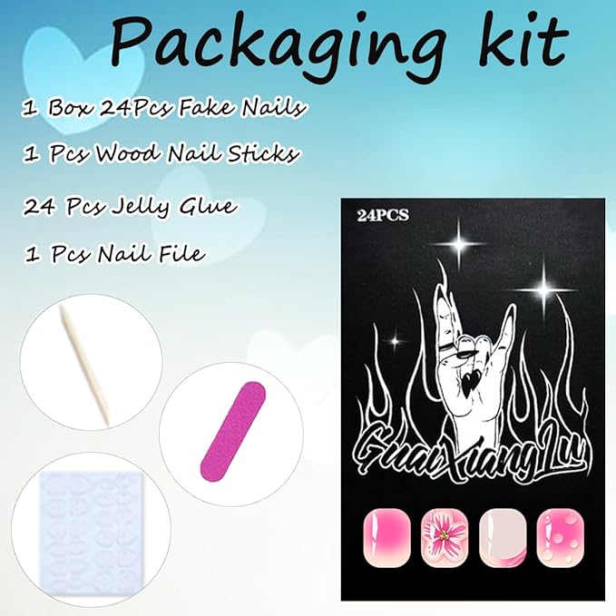 3D Flower Press on Nails Short Square French Tip Fake Nails with Designs Summer Nails Kit Flowers Acrylic Nail Tips False Nails Cute Stick on Nails Full Cover Artificial Glue on Nails for Women 24Pcs