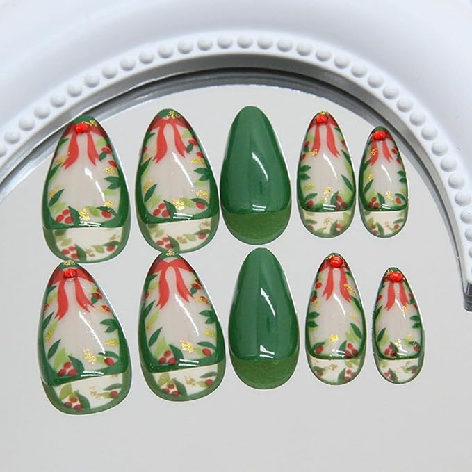 24Pcs Christmas Press on Nails Short Almond Fake Nails Green Acrylic Nail with Xmas Holly Bow Designs Artificial False Nails with Gold Foil Rhinestones Full Cover Christmas Glue on Nails for Women