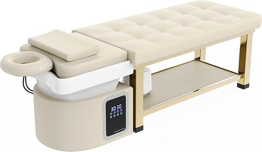Hair Washing Head Spa Stationary Massage Table with Water Cycle & Fumigation Salon Equipment for Beauty Head Spa Physical Therapy Massage, Stainless Steel Gold Color-Plated Frame, PU Beige Gray