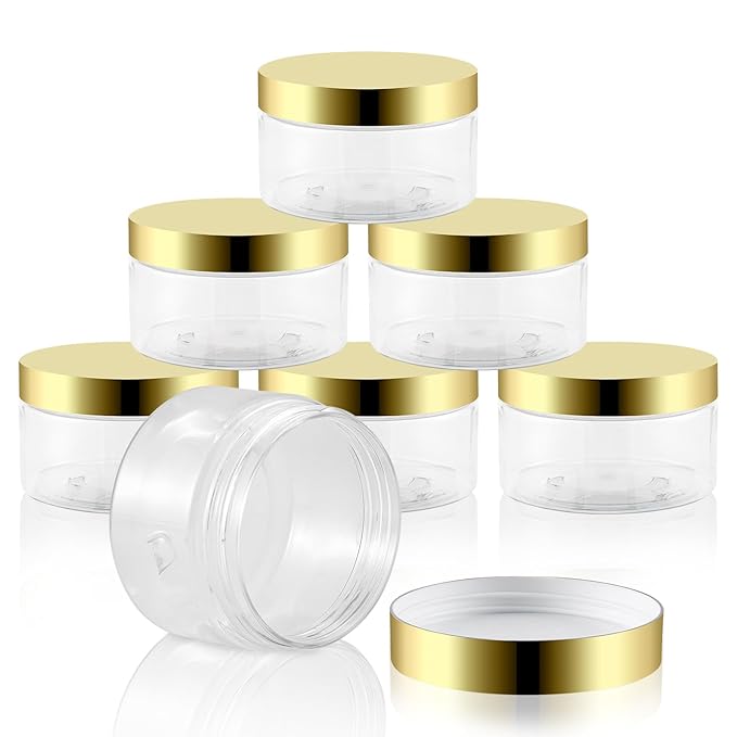 24 Pack 4 Oz Plastic Containers with Gold Lids, Clear Empty BPA Free and Refillable Cosmetic Jars Travel Containers for Creams, Lotion, Bath Salts, Sugar Scrub, Slime, Lip Scrub, Makeup