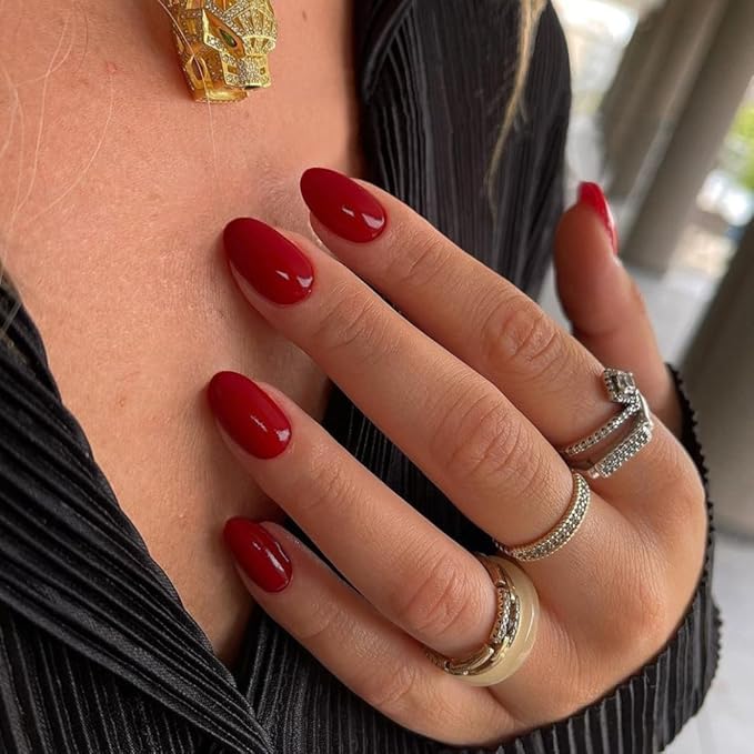 Cherry Red Press on Nails Short Almond Fake Nails Press ons, Thick Solid Color Glue on Nails Short False Nails, Medium Almond Nails Oval Round Shaped Nails for Women, 24Pcs Natural Acrylic Gel Nails