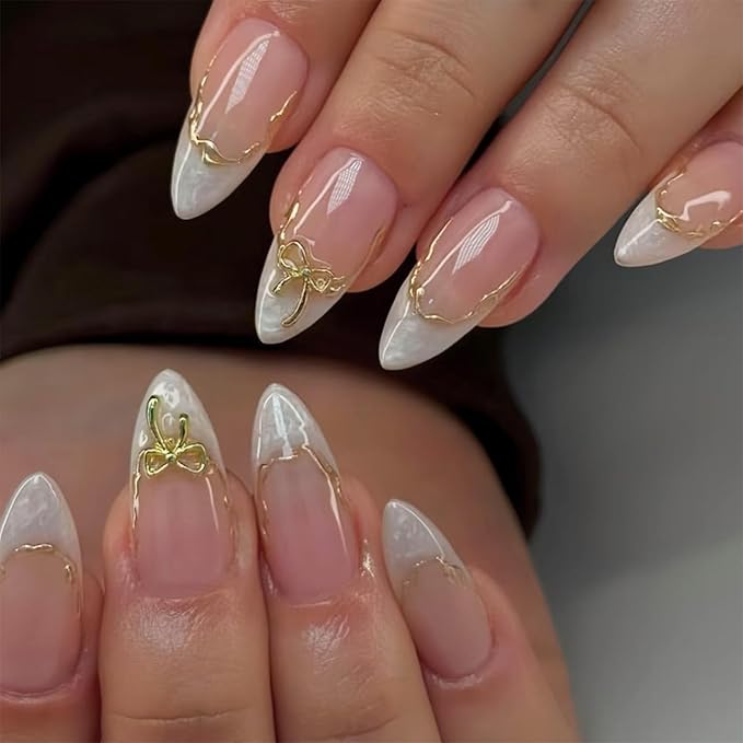 24pcs White French Tip Press on Nails Medium Almond Fake Nails with 3D Bow Acrylic Nails Design Gold Line Stick on Nails French False Nails Kit Full Cover Glue on Nails for Women Nail Decoration