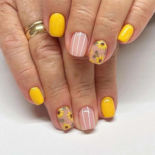 Square Press on Nails Short Fake Nails Sunflower with Line Design Yellow False Nails Acrylic Artificial Nails Glossy Glue on Nails Full Cover Stick on Nails for Women Manicure Art 24Pcs